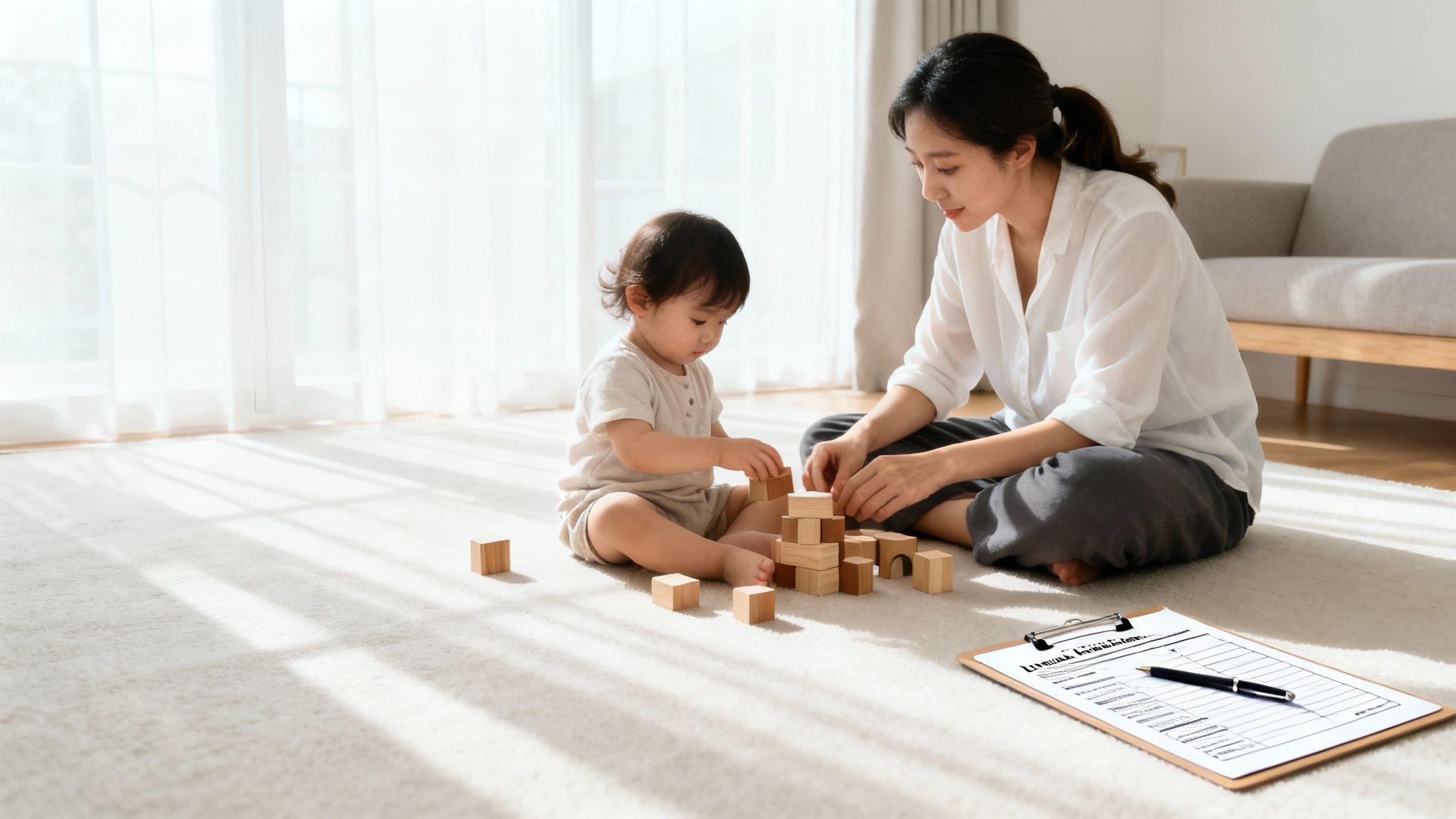 Mother and toddler playing with wooden blocks on a light rug in a sunlit room.