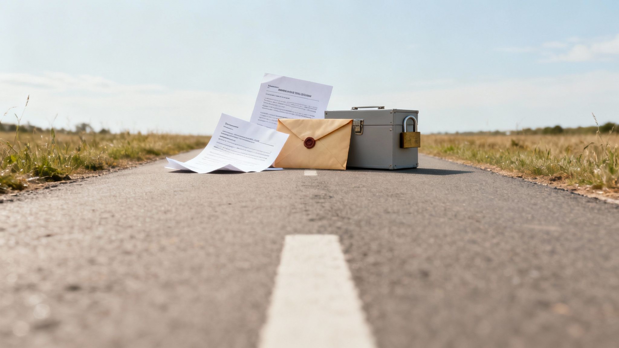 Important documents, a wax-sealed envelope, and a locked grey box on a deserted road.