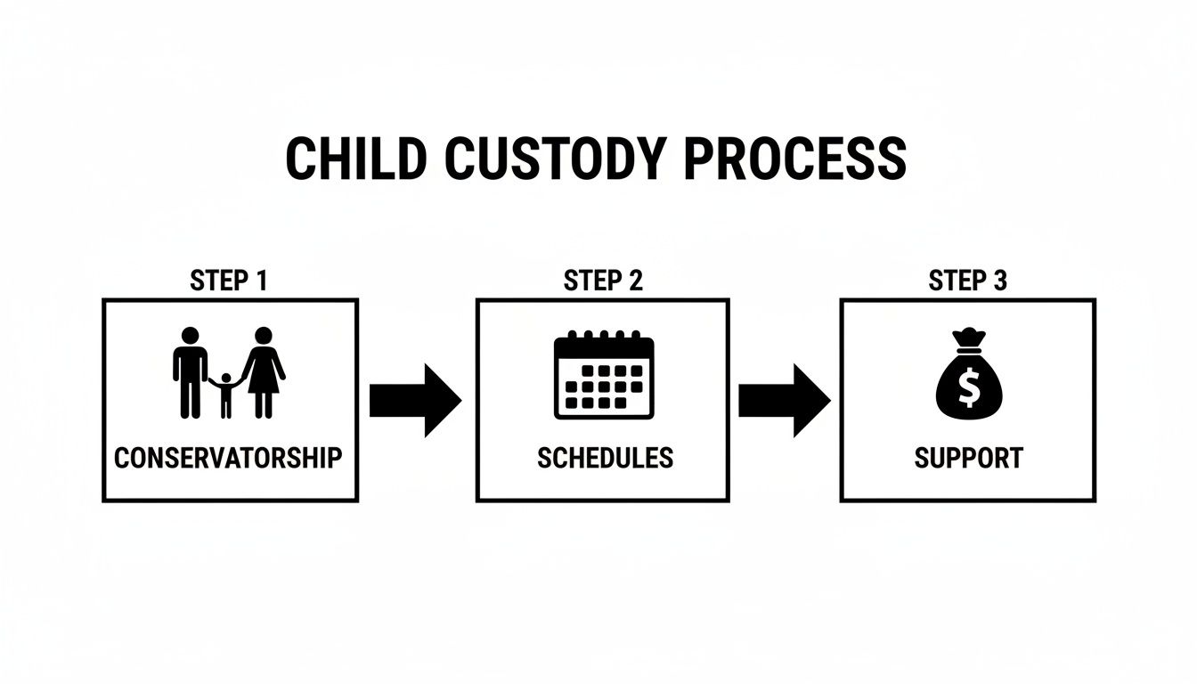 A diagram illustrating the child custody process in three steps: conservatorship, schedules, and support.