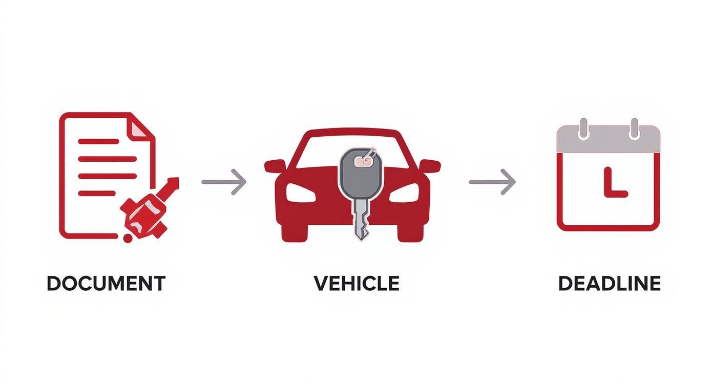 Infographic illustrating steps after a DWI arrest: document details, retrieve vehicle, and meet deadline for ALR hearing.