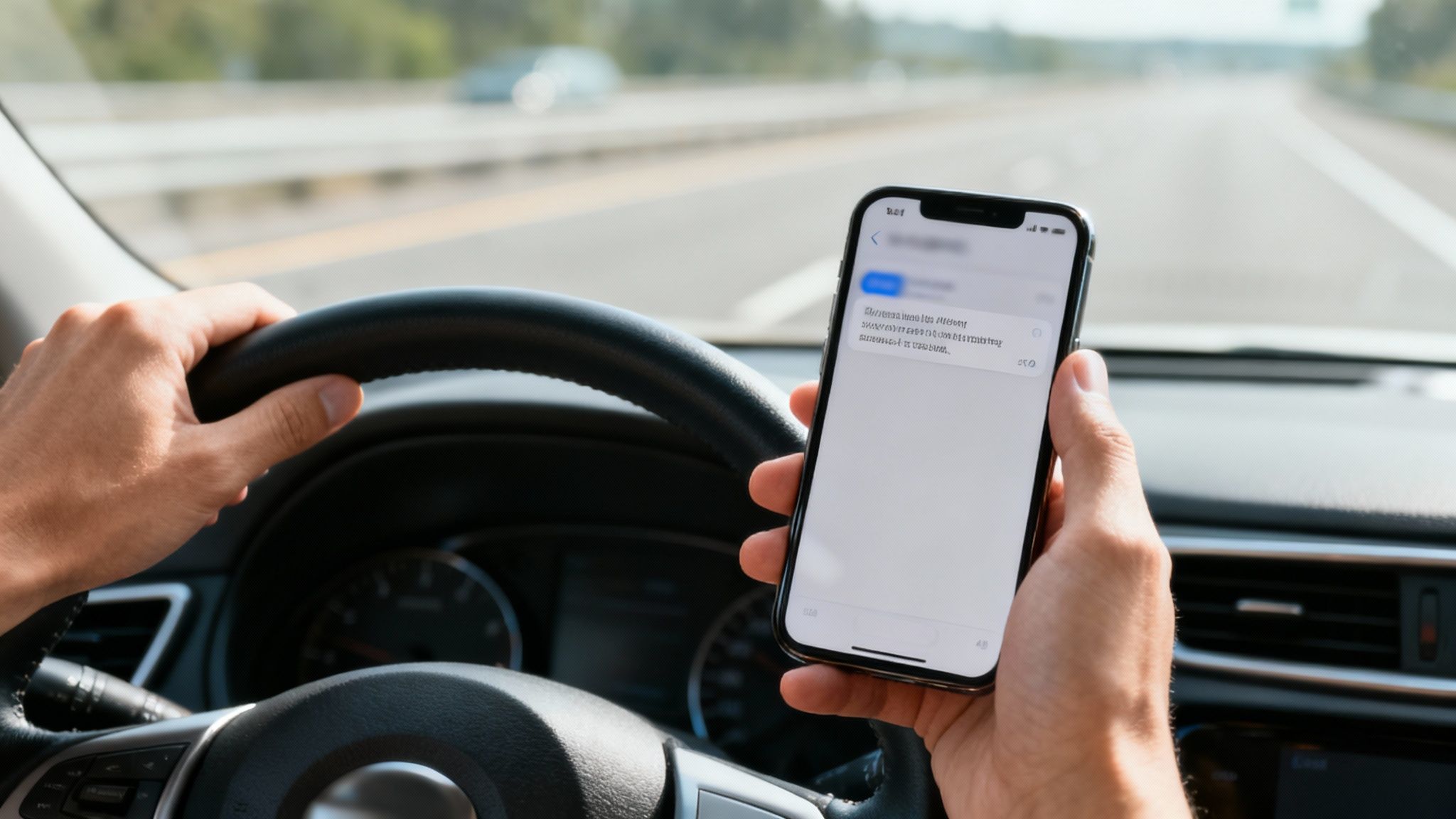 A person's hands are on a steering wheel and holding a smartphone while driving on a highway.