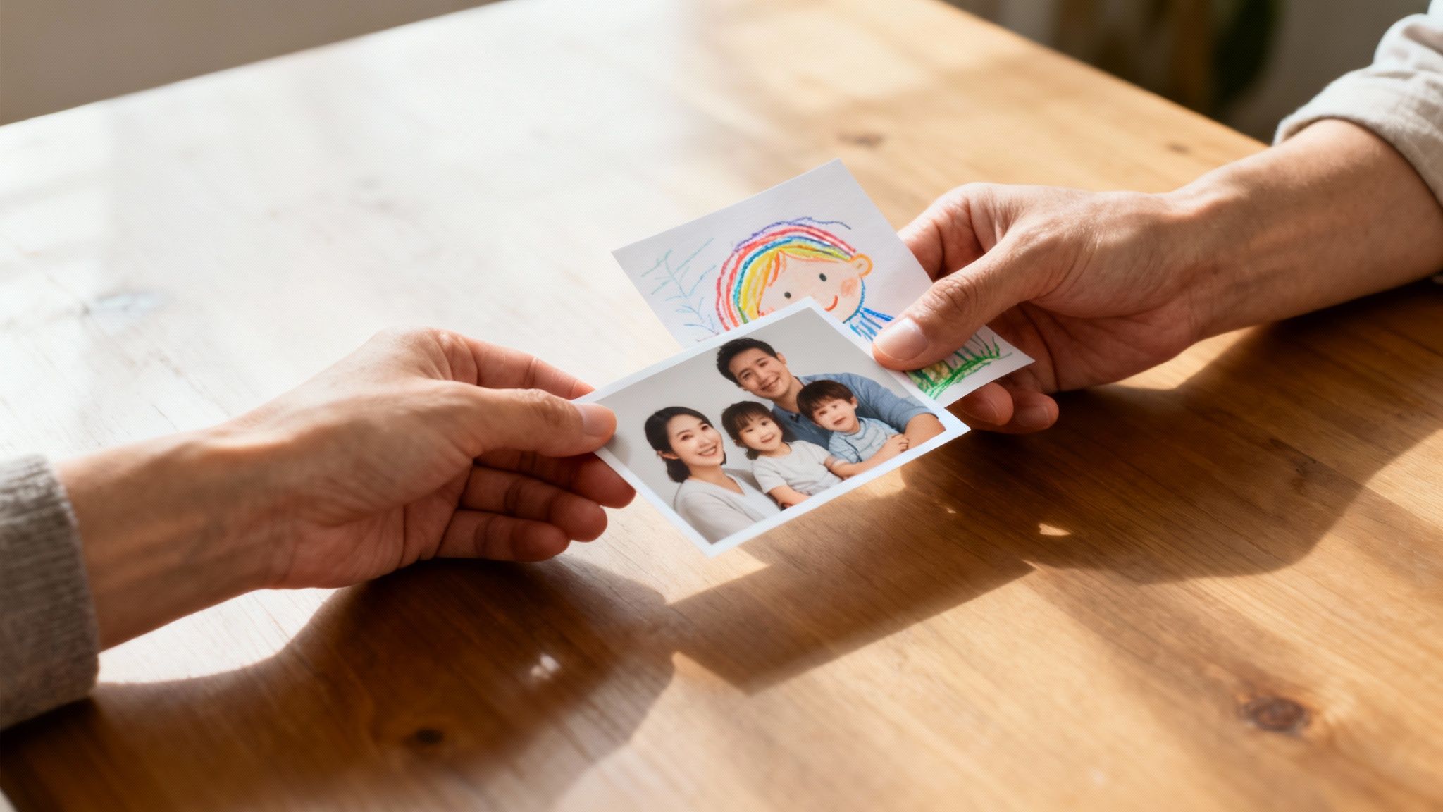 Two hands exchanging a family photo and a child's drawing on a wooden table, symbolizing cherished memories.