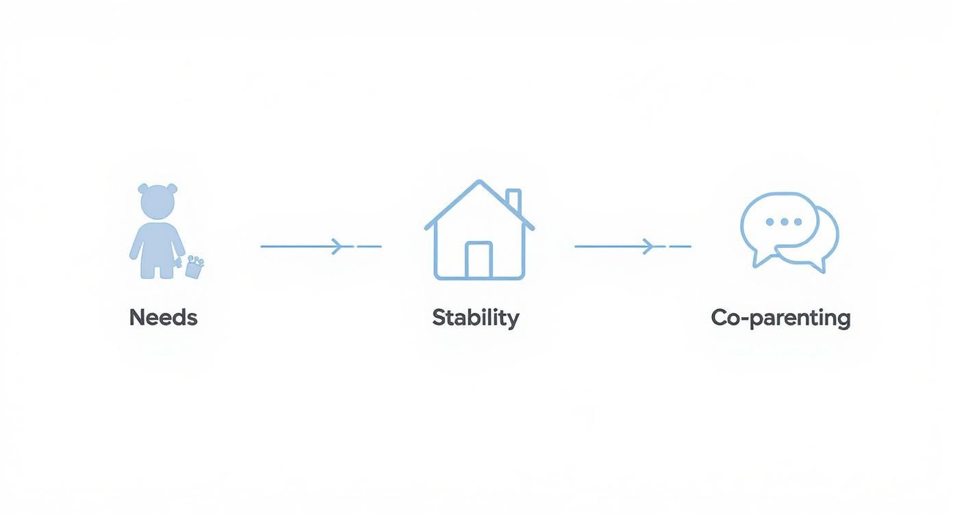 Flow chart showing child custody process from child needs through home stability to co-parenting communication
