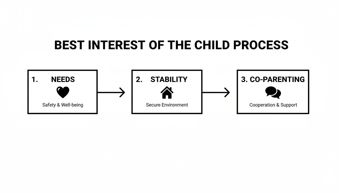 Best interest of the child process diagram illustrating needs, stability, and co-parenting for custody considerations in Texas.