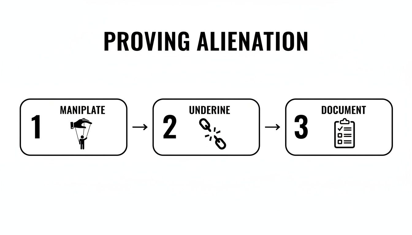 A three-step diagram outlining the process of proving alienation: manipulate, undermine, and document.