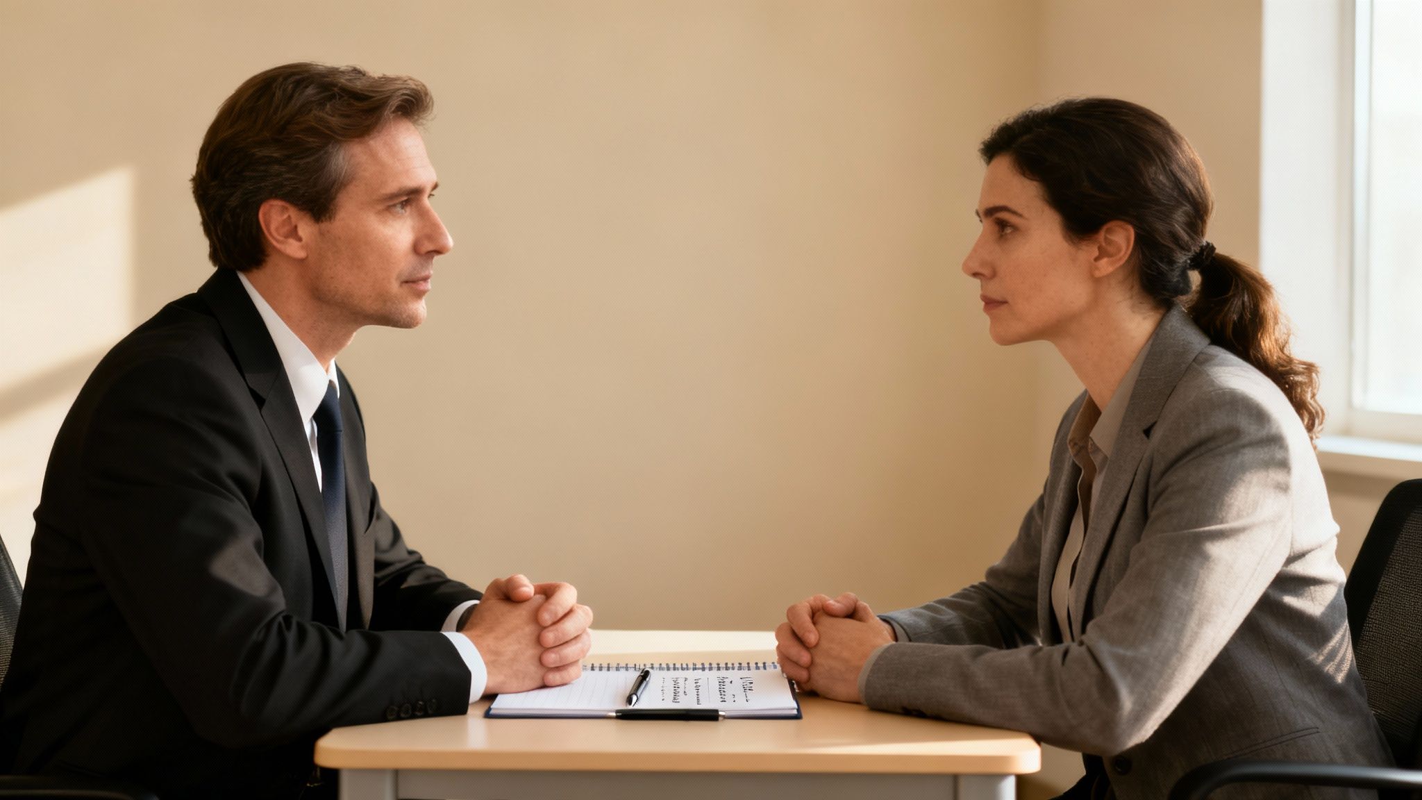 Professional attorney meeting with client discussing legal case across desk in office consultation