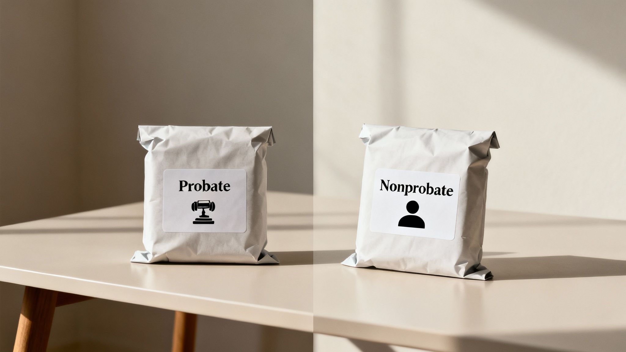 Two stacks of coins with a gavel on one and a direct arrow on the other, representing probate vs. nonprobate assets.