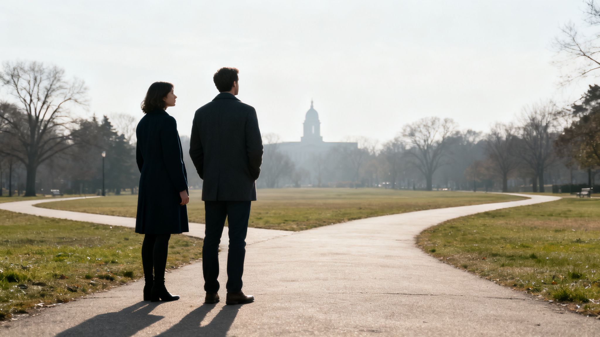 Two people stand on a path at a fork, looking towards a distant domed building.