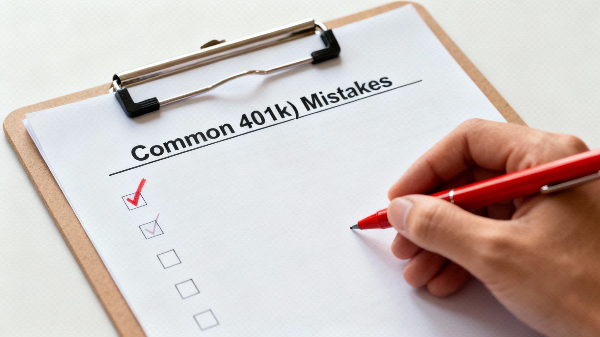 A hand holding a red pen checks off common 401k mistakes on a checklist on a clipboard.