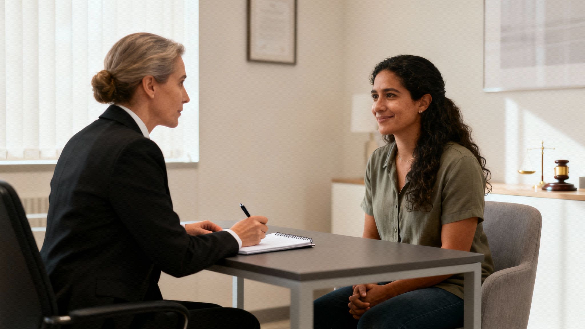 Una abogada o profesional escribiendo notas durante una consulta con una clienta en una oficina.