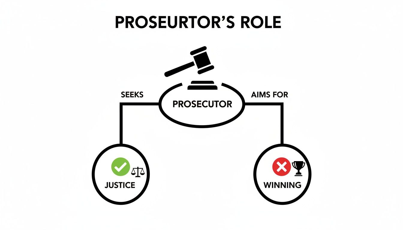 Diagram illustrating the prosecutor's true role: seeking justice, not merely aiming for winning cases.