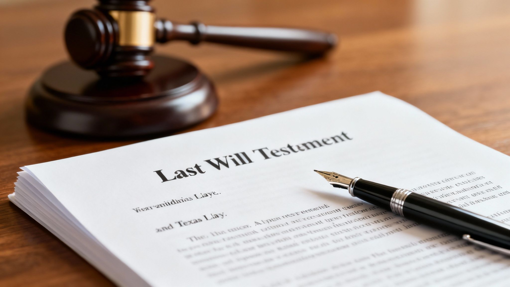 Last Will and Testament document with a fountain pen and gavel, symbolizing estate planning and legal processes in Texas.