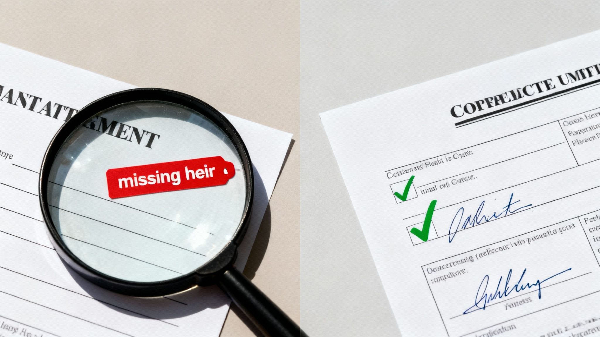 A magnifying glass highlights a red 'missing heir' tag on a document, next to another legal form.