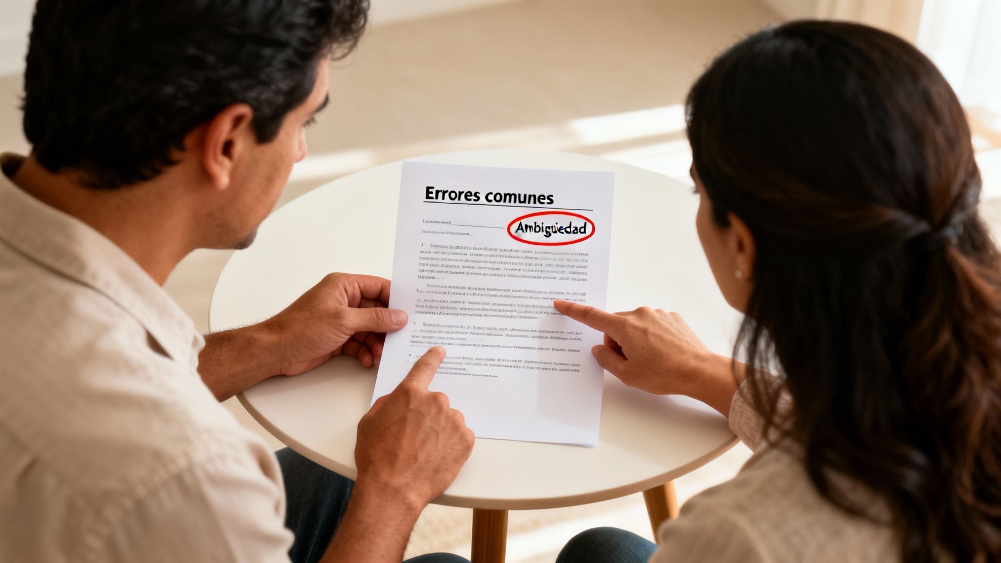 Dos personas revisan un documento sobre errores comunes, con la palabra 'Ambigüedad' resaltada.