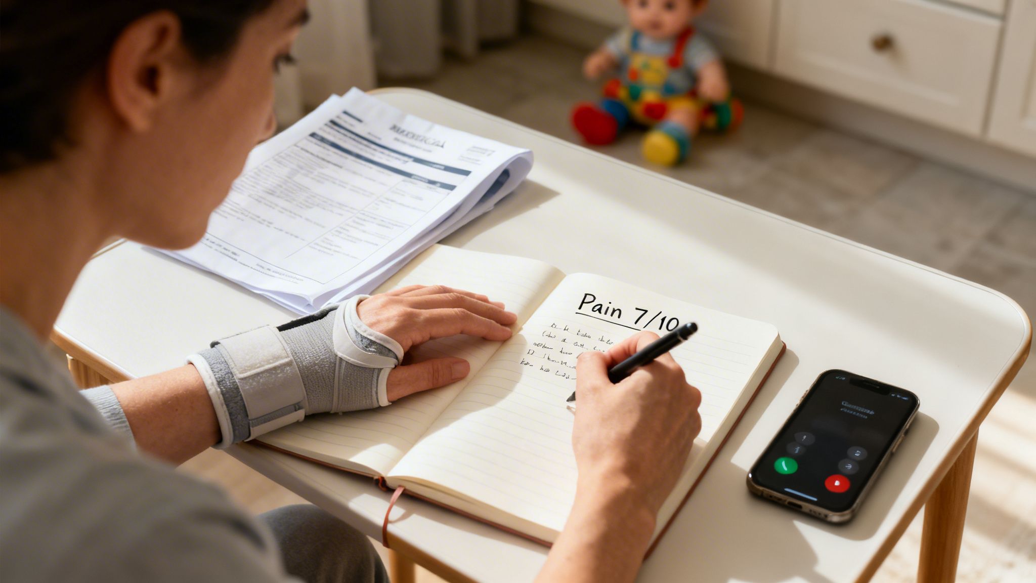 Close-up of a person wearing a wrist brace, writing 'Pain 7/10' in a medical journal.