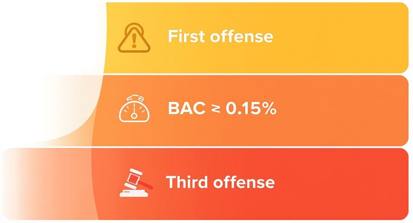 Infographic showing the escalating hierarchy of DWI penalties in Texas from a first offense to more severe charges.