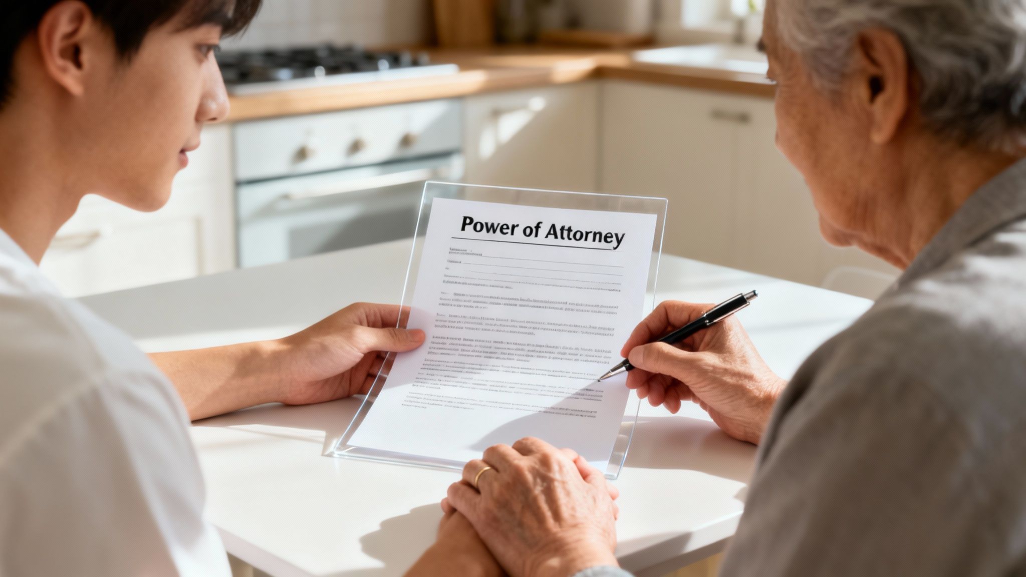 Young adult and elderly person reviewing and signing a Power of Attorney document in a kitchen setting, emphasizing the importance of estate planning and control over personal decisions.