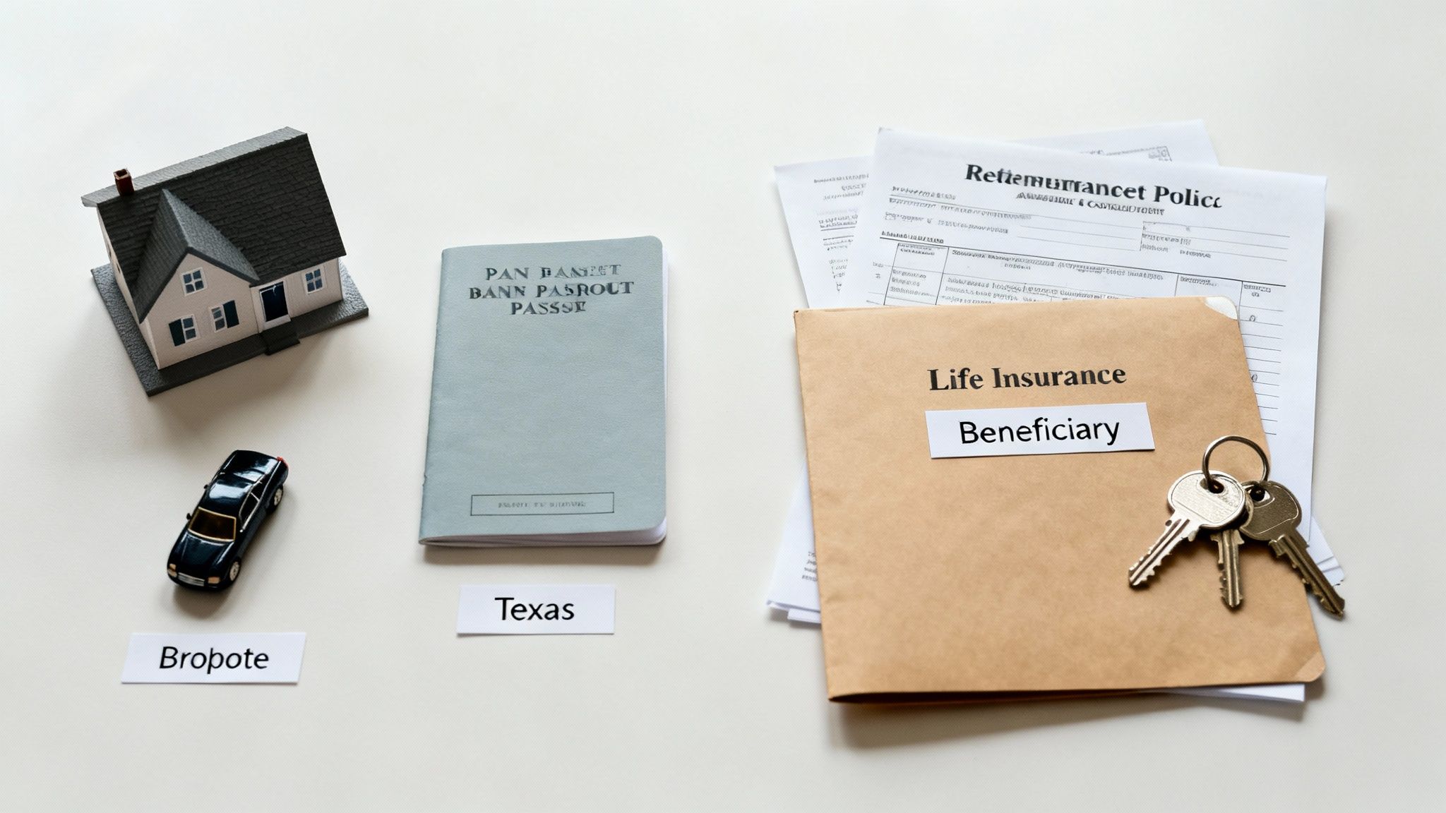 A collage of common assets like a house, a car, a bank statement, and a life insurance policy document.