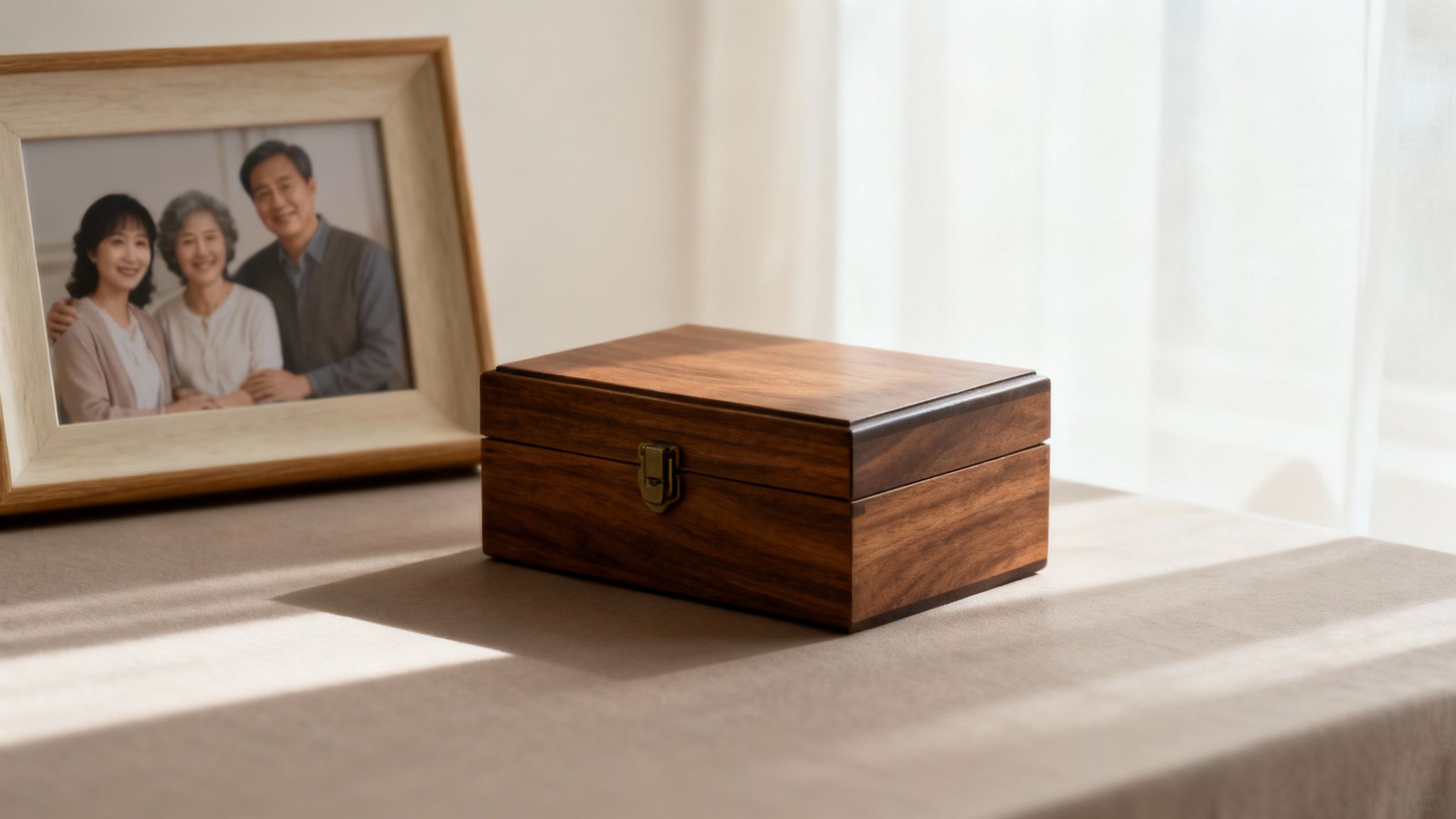 A wooden photo frame displaying a smiling Asian family, next to a polished wooden keepsake box.
