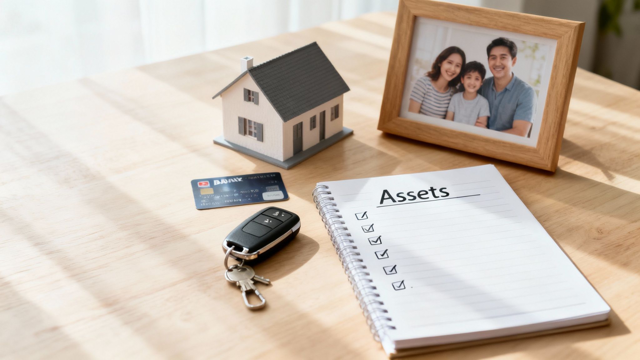 Assets checklist notebook, house model, credit card, car keys, and family photo on table.