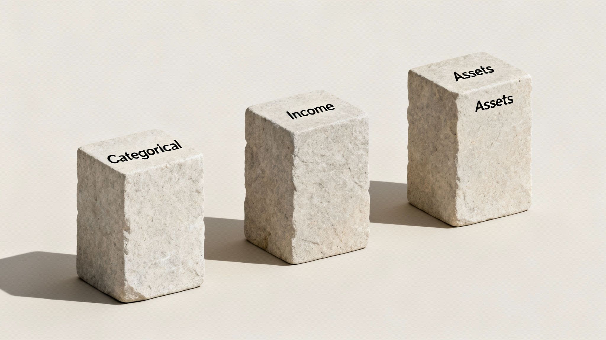 Three ascending stone blocks, labeled 'Categorical', 'Income', and 'Assets', representing eligibility factors.
