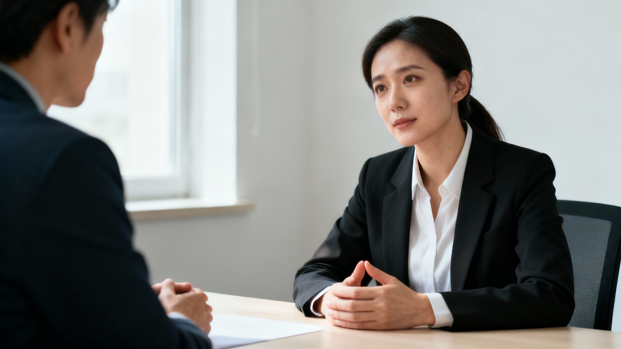 Professional woman in a suit engaging in a serious conversation with a client during a legal consultation, emphasizing the importance of the attorney's demeanor and approach in selecting a divorce lawyer in Atascocita, TX.