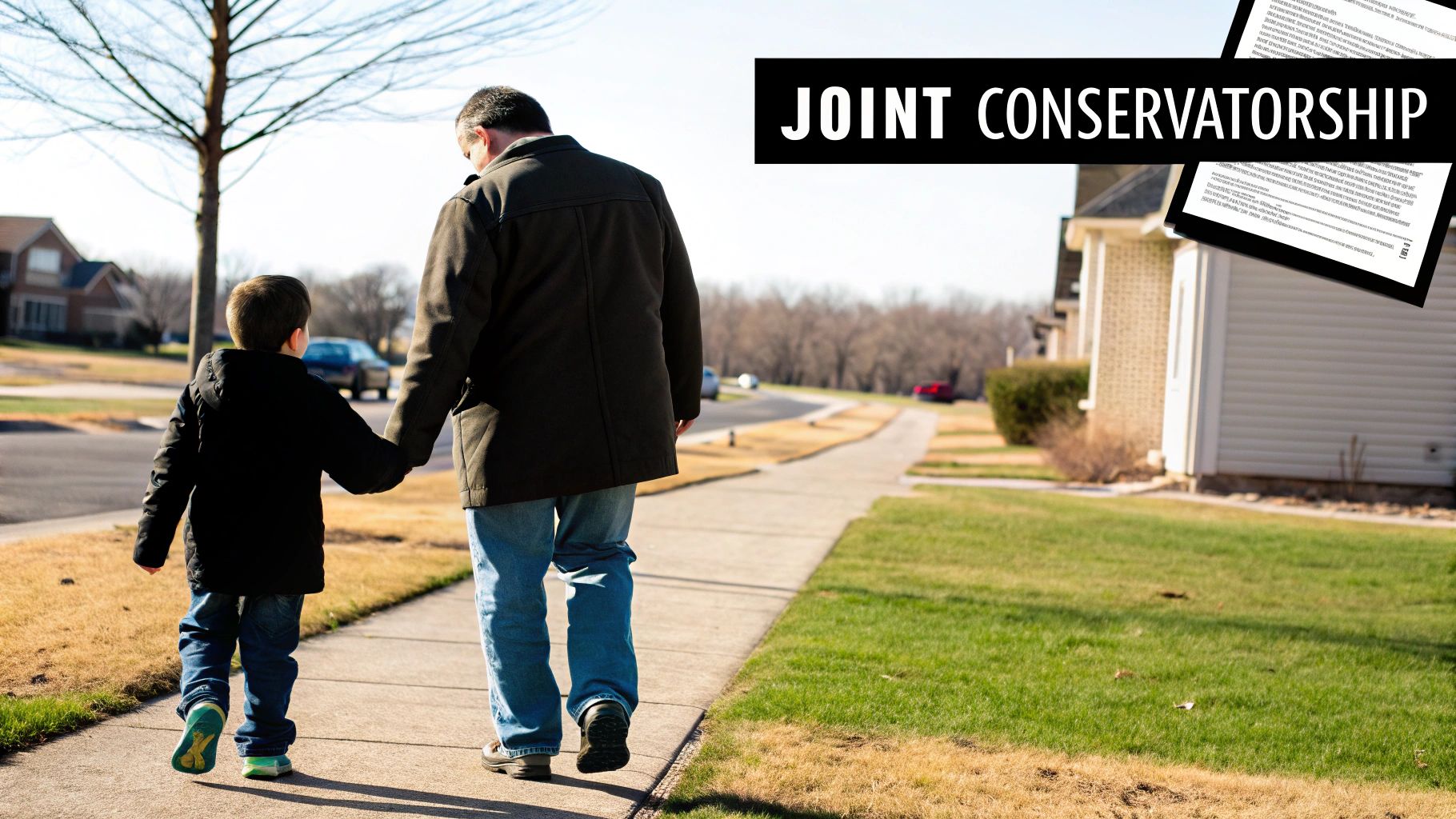 A father and son walking hand-in-hand on a sidewalk, with a 'JOINT CONSERVATORSHIP' overlay.