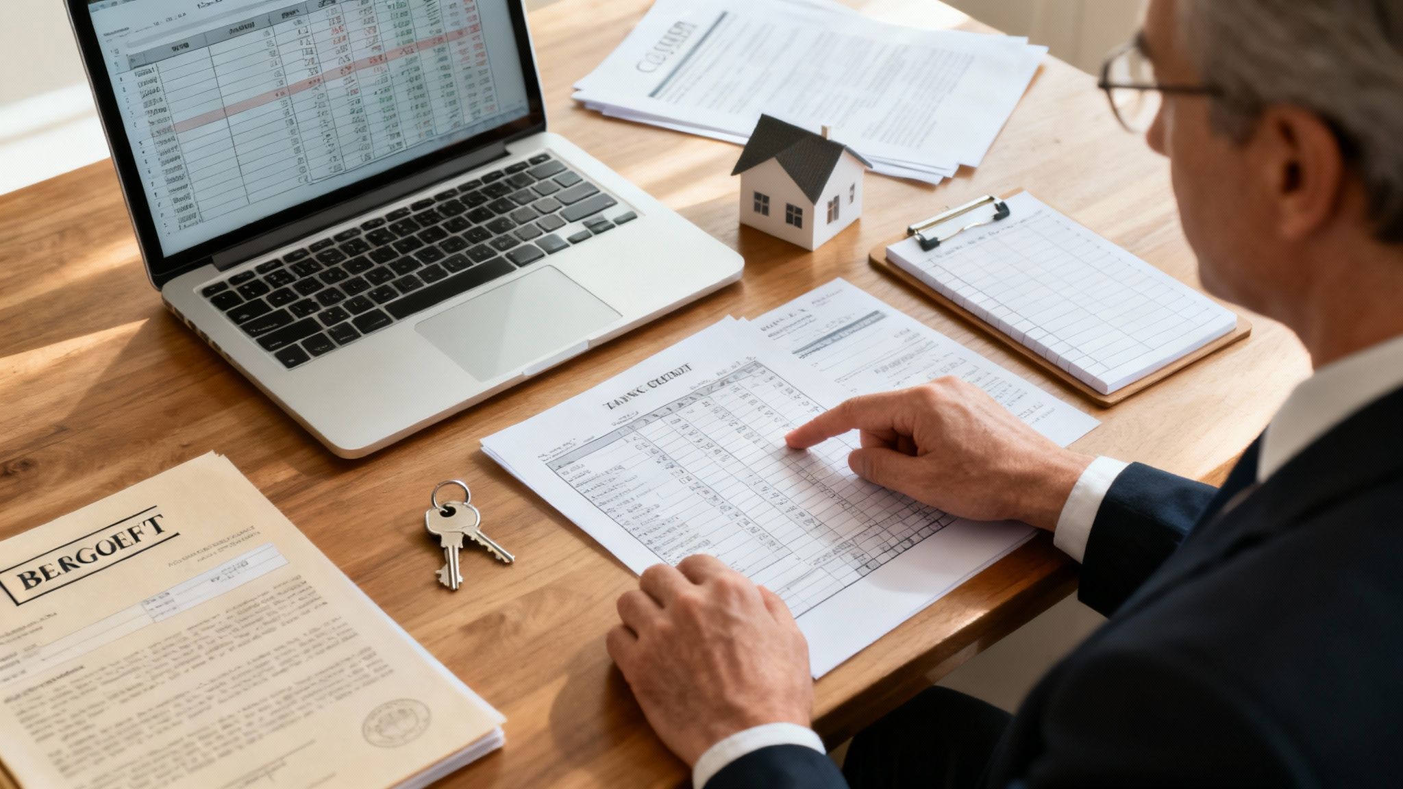 Professional reviewing mortgage documents and property contracts with house keys on wooden desk