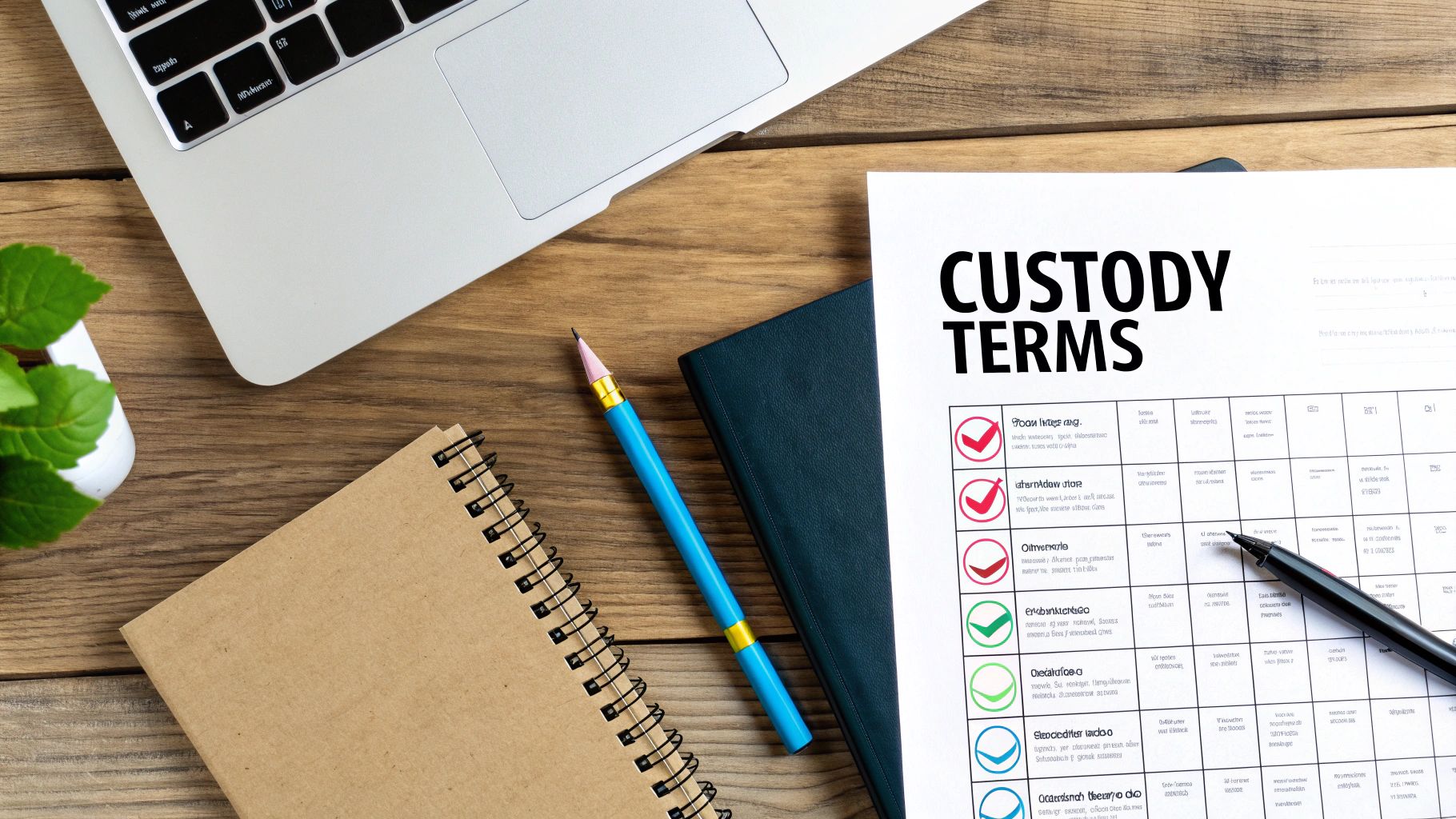 Custody terms checklist document on wooden desk with laptop, notebook and pen