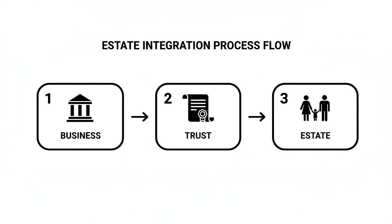 A three-step estate integration process flow diagram showing business to trust to estate.