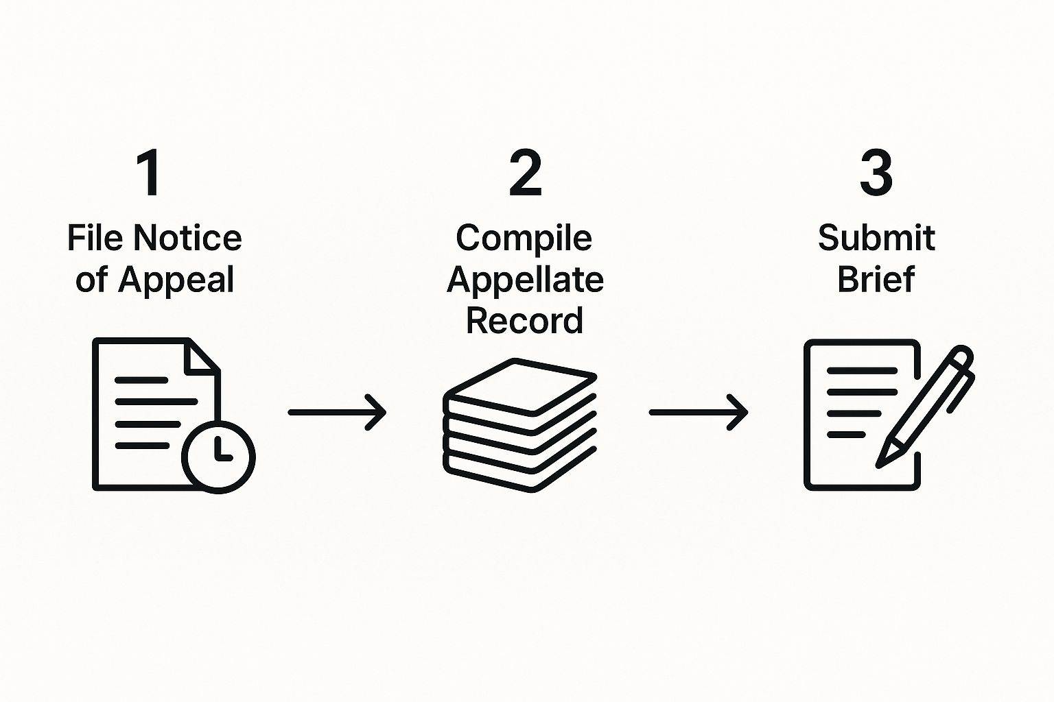 Infographic illustrating the steps in the appellate process: file Notice of Appeal, compile appellate record, and submit brief for legal appeals in family law cases.