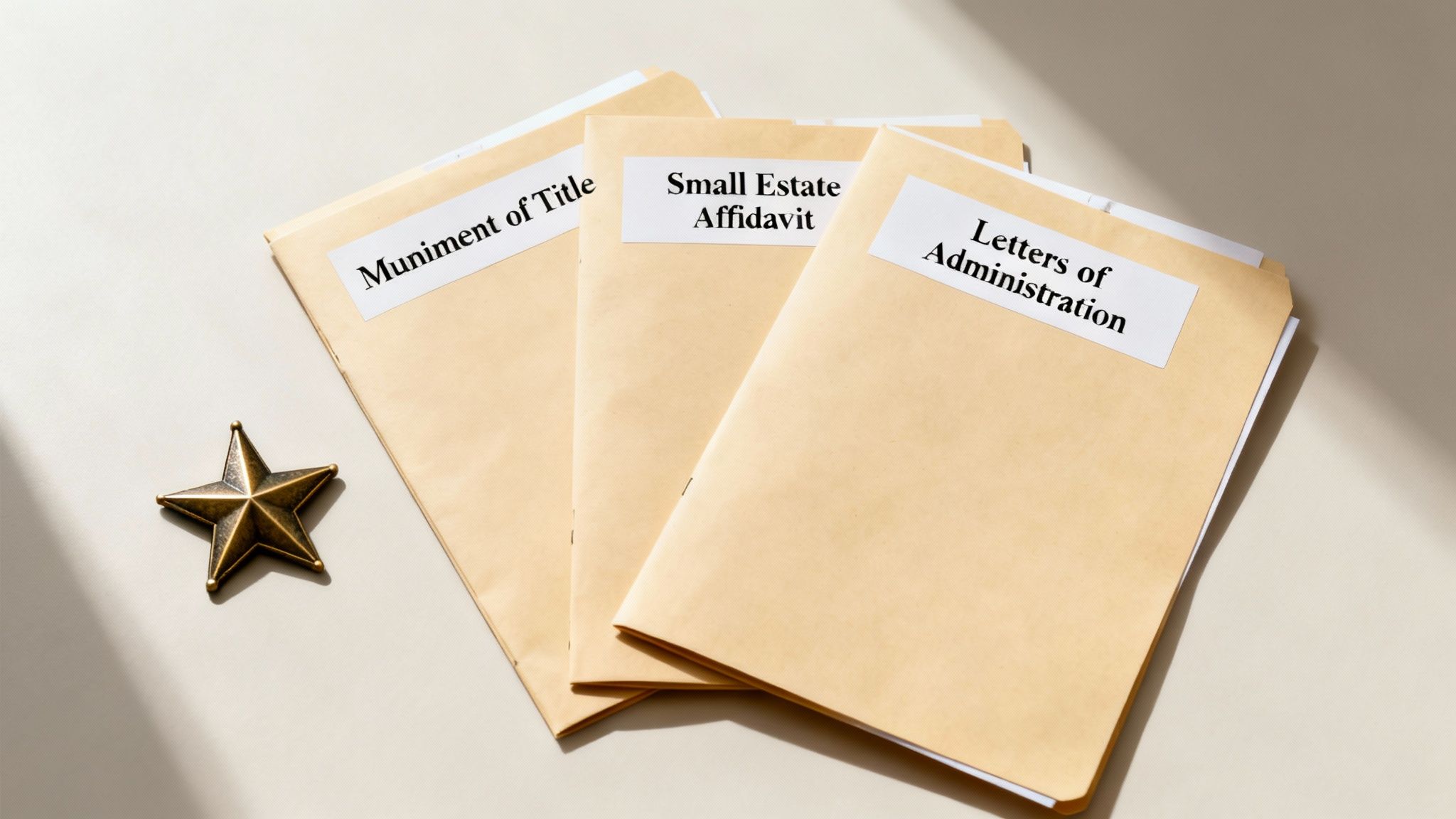 Folders labeled "Muniment of Title," "Small Estate Affidavit," and "Letters of Administration" on a light background, symbolizing essential probate documents for estate management in Texas.
