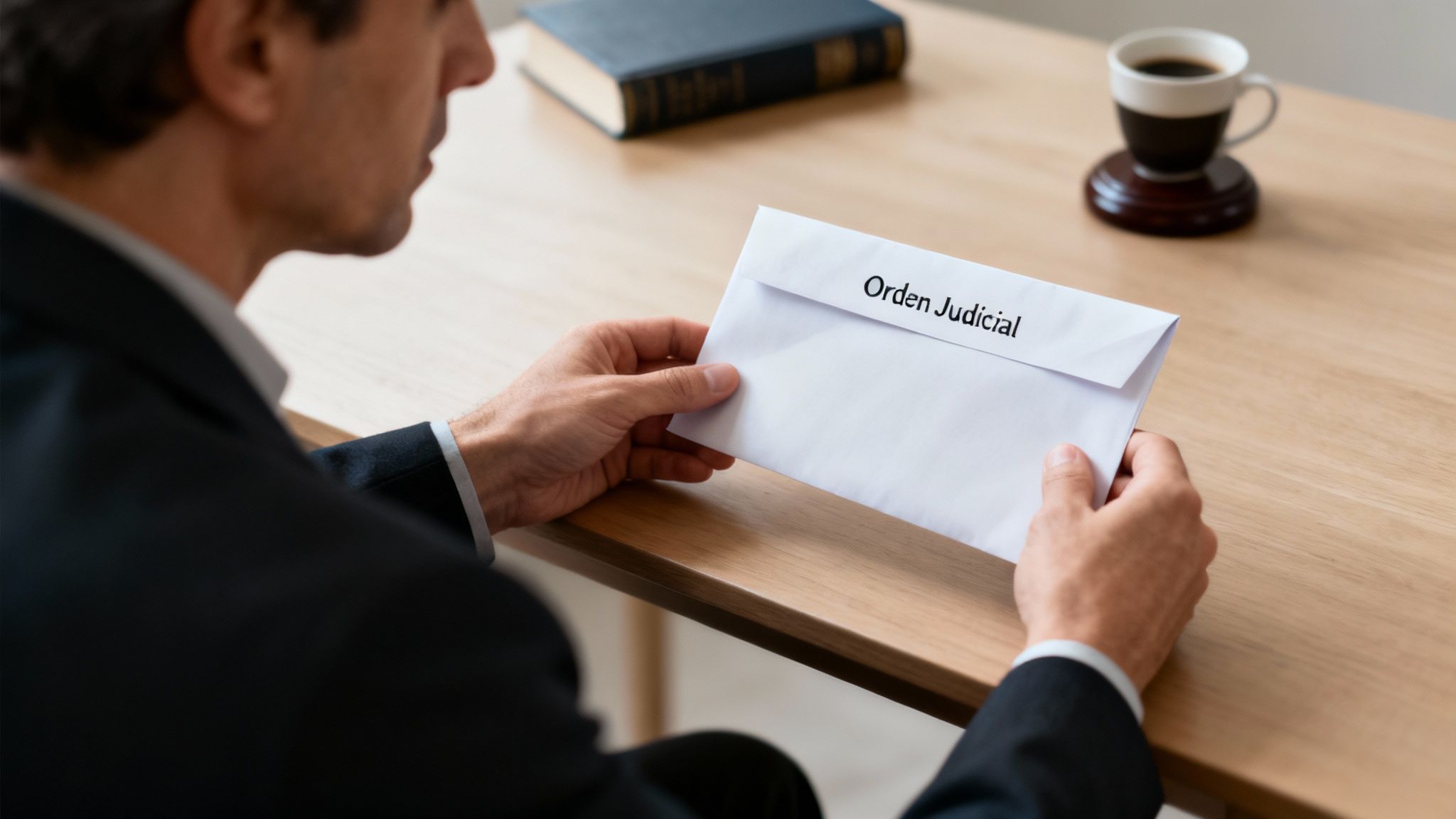 Abogado revisando documento de orden judicial sobre escritorio de madera en oficina profesional