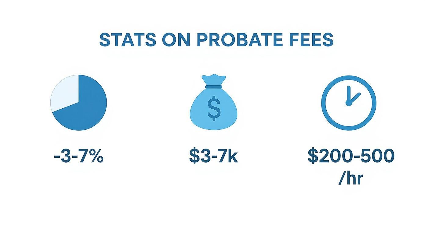 Stats on probate attorney fees in Texas: 3-7% of estate value, flat fees of $3-7k, and hourly rates of $200-500.