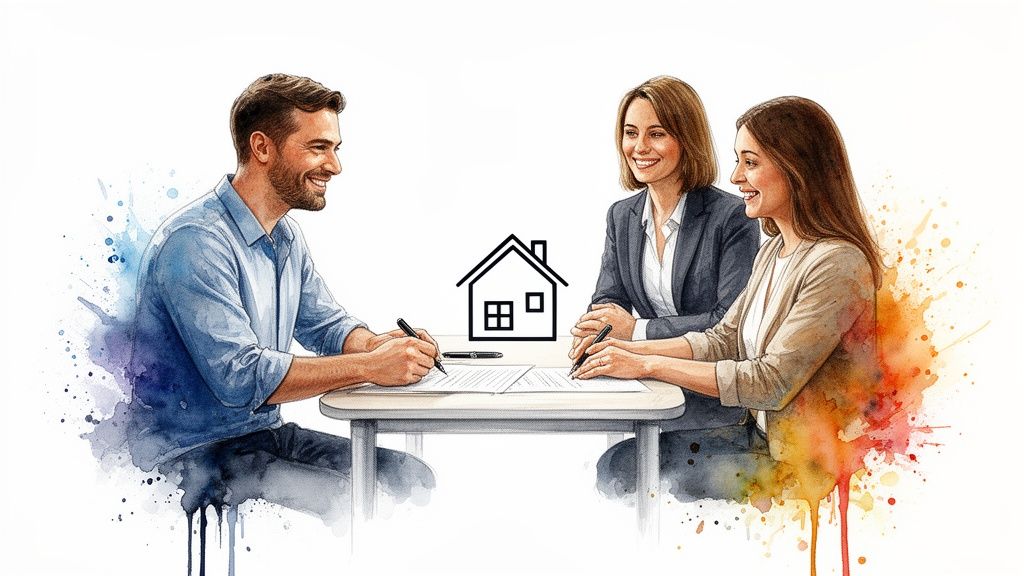 Three smiling people, a couple and an agent, sign real estate documents next to a house icon.