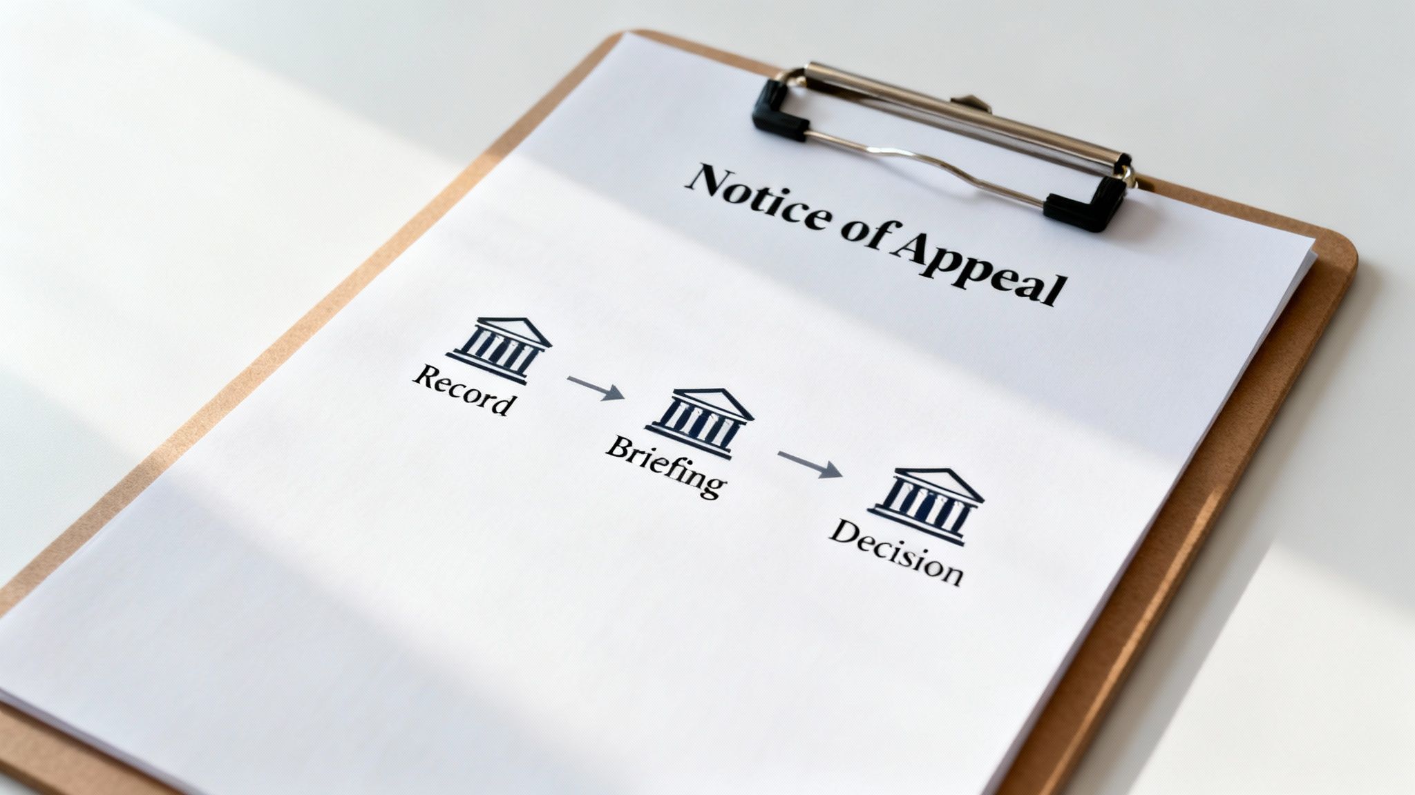 A document titled 'Notice of Appeal' on a clipboard, outlining the legal process: Record, Briefing, Decision.