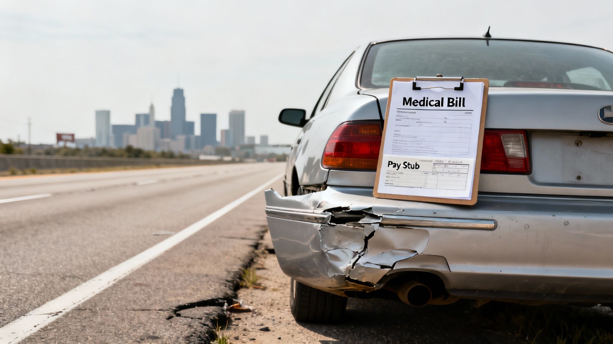 A car with a damaged rear bumper and a medical bill, symbolizing accident costs and liability.