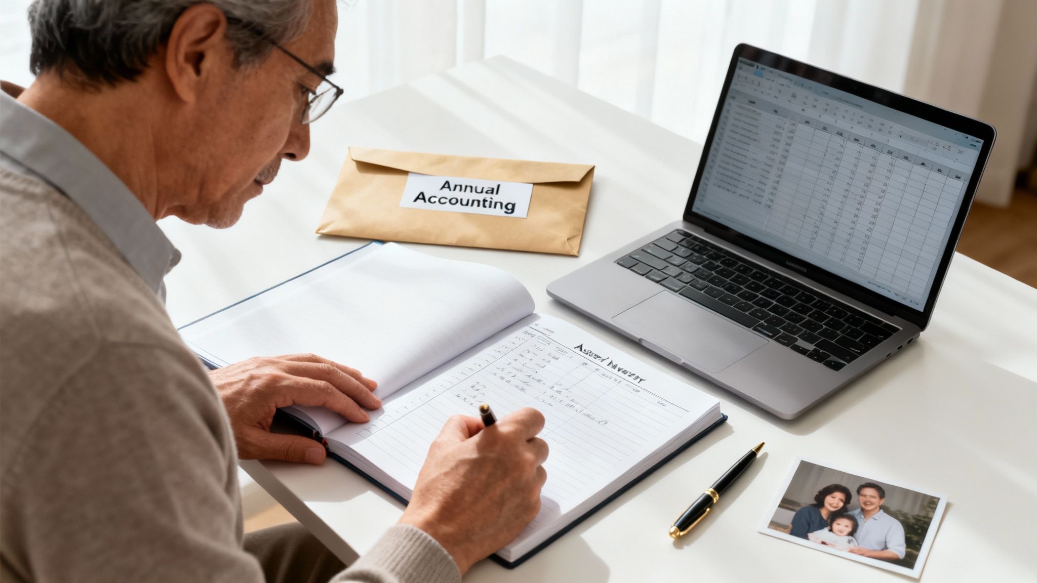 An elderly man works on annual accounting, writing in a notebook beside a laptop and a family photo.