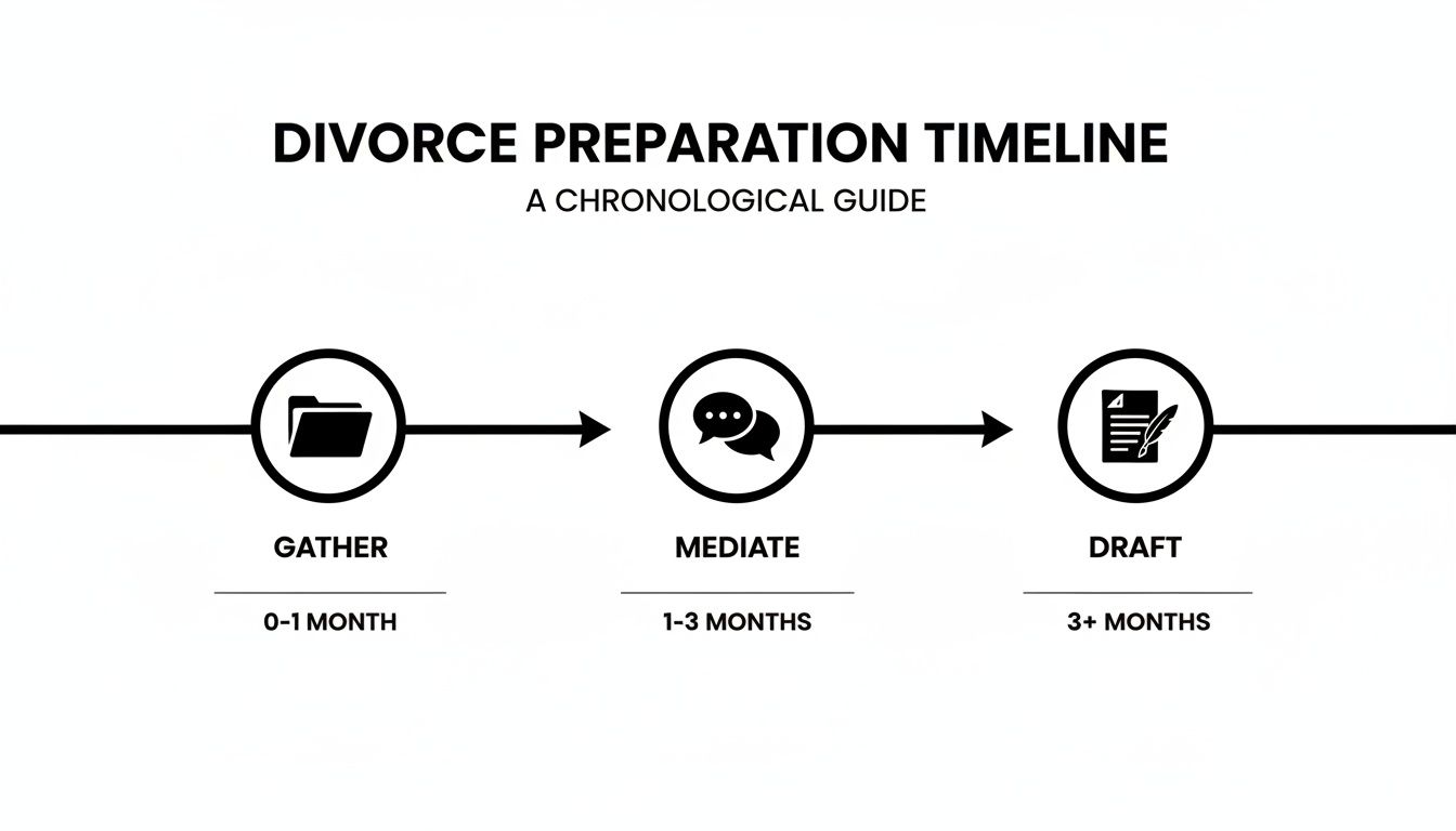 Divorce preparation timeline showing three steps: gather, mediate, and draft, with corresponding timeframes.