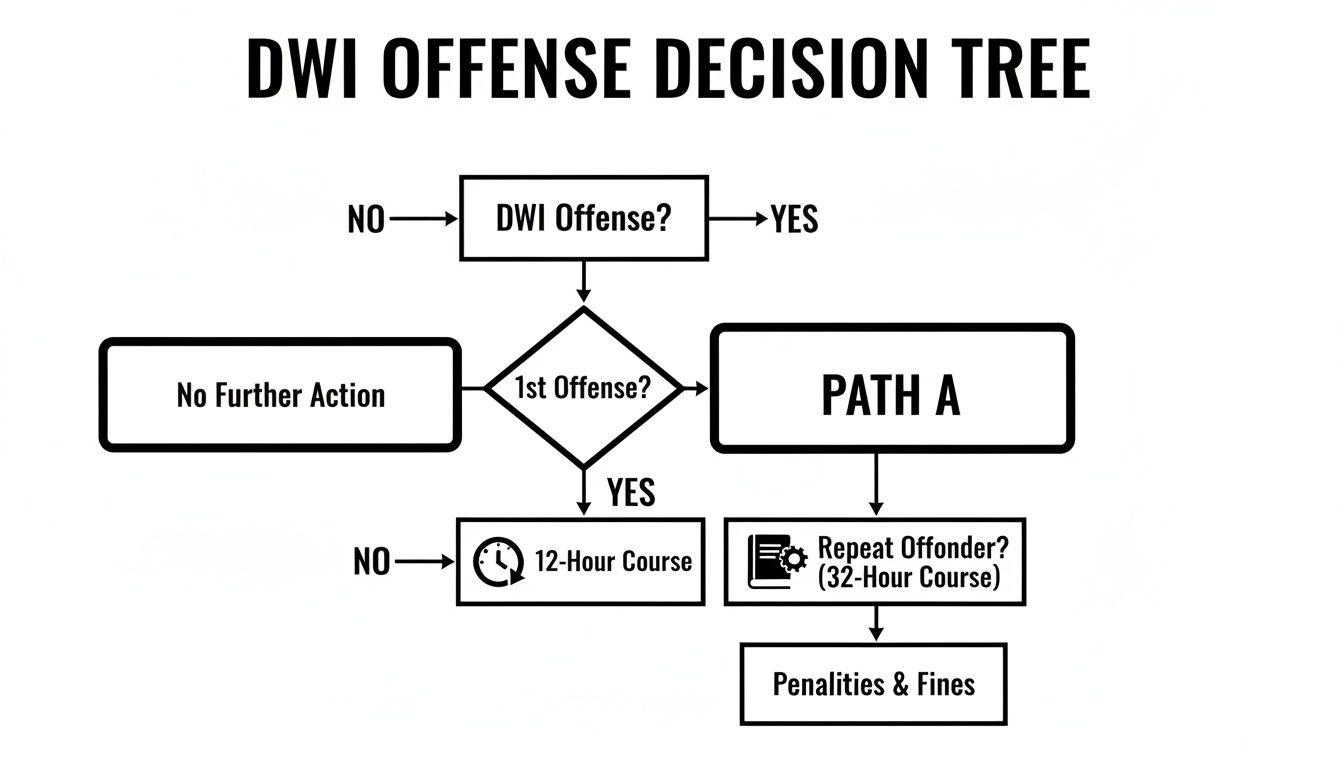 A DWI offense decision tree flowchart illustrating steps from initial offense to penalties and courses.