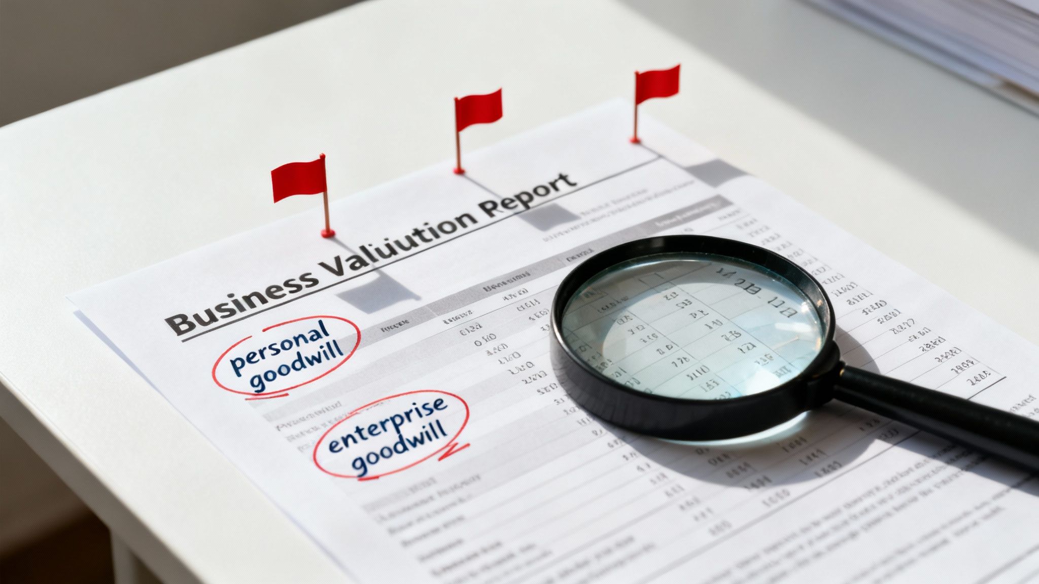 Business Valuation Report with 'personal goodwill' and 'enterprise goodwill' circled, magnifying glass, and red flags on a white desk.