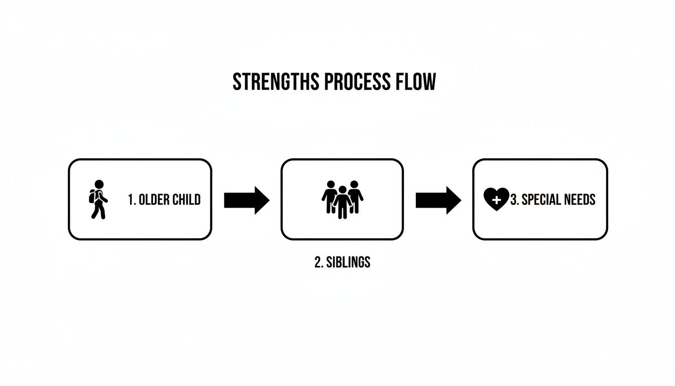 A flowchart titled 'Strengths Process Flow' showing three stages: 1. Older Child, 2. Siblings, 3. Special Needs.