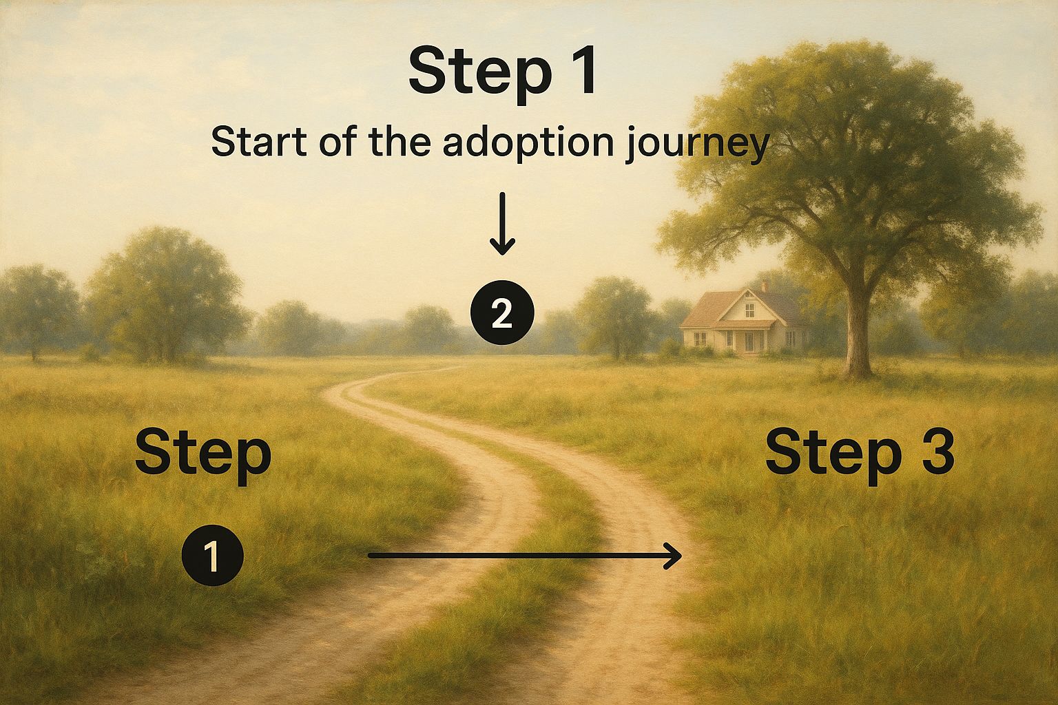 Pathway symbolizing the adoption journey in Texas, featuring "Step 1: Start of the adoption journey" and directional indicators, with a serene landscape and a house in the background.