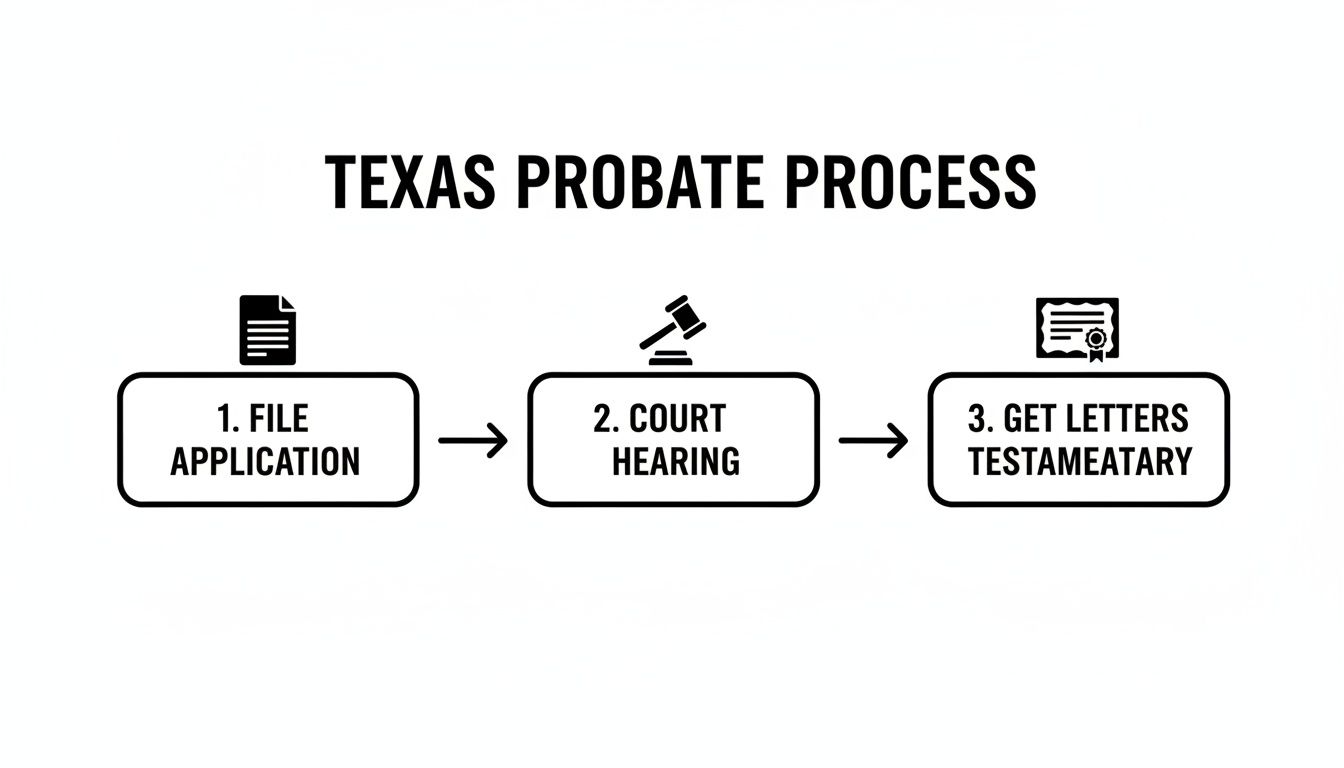 A flowchart illustrates the three steps of the Texas probate process: file application, court hearing, and get letters testamentary.