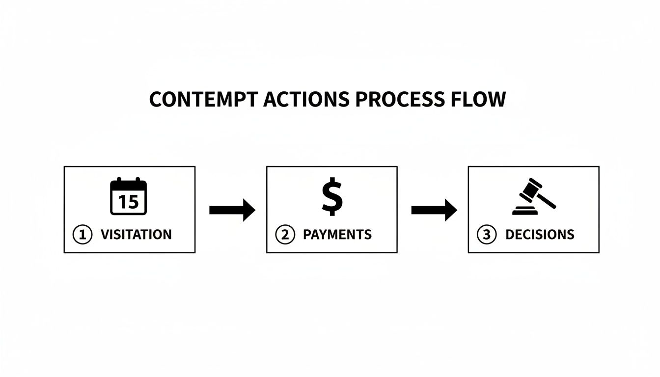 Process flow diagram illustrating contempt actions, including visitation, payments, and legal decisions.