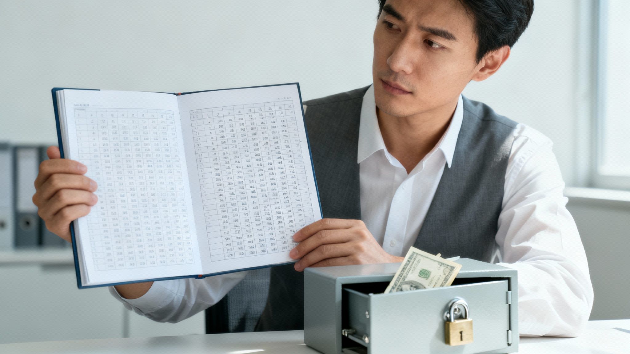 Man in a vest holding an open ledger with financial data, looking concerned, beside a locked cash box containing dollar bills, symbolizing embezzlement and breach of trust in financial contexts.