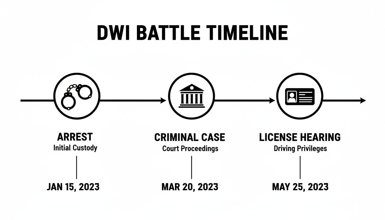 DWI battle timeline illustrating the stages of arrest, criminal case, and license hearing dates.