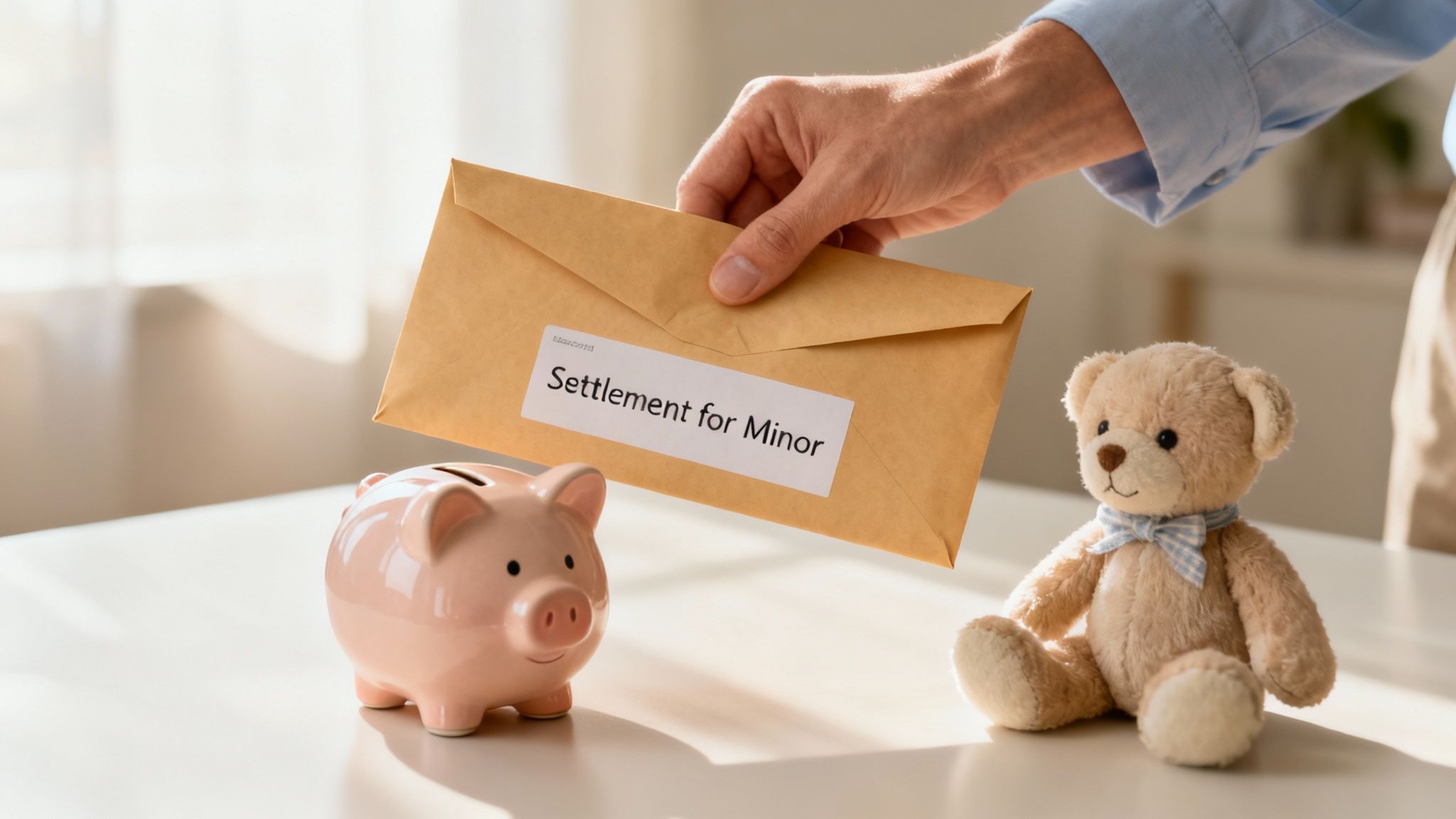 A hand places an envelope labeled "Settlement for Minor" near a piggy bank and a teddy bear on a table.