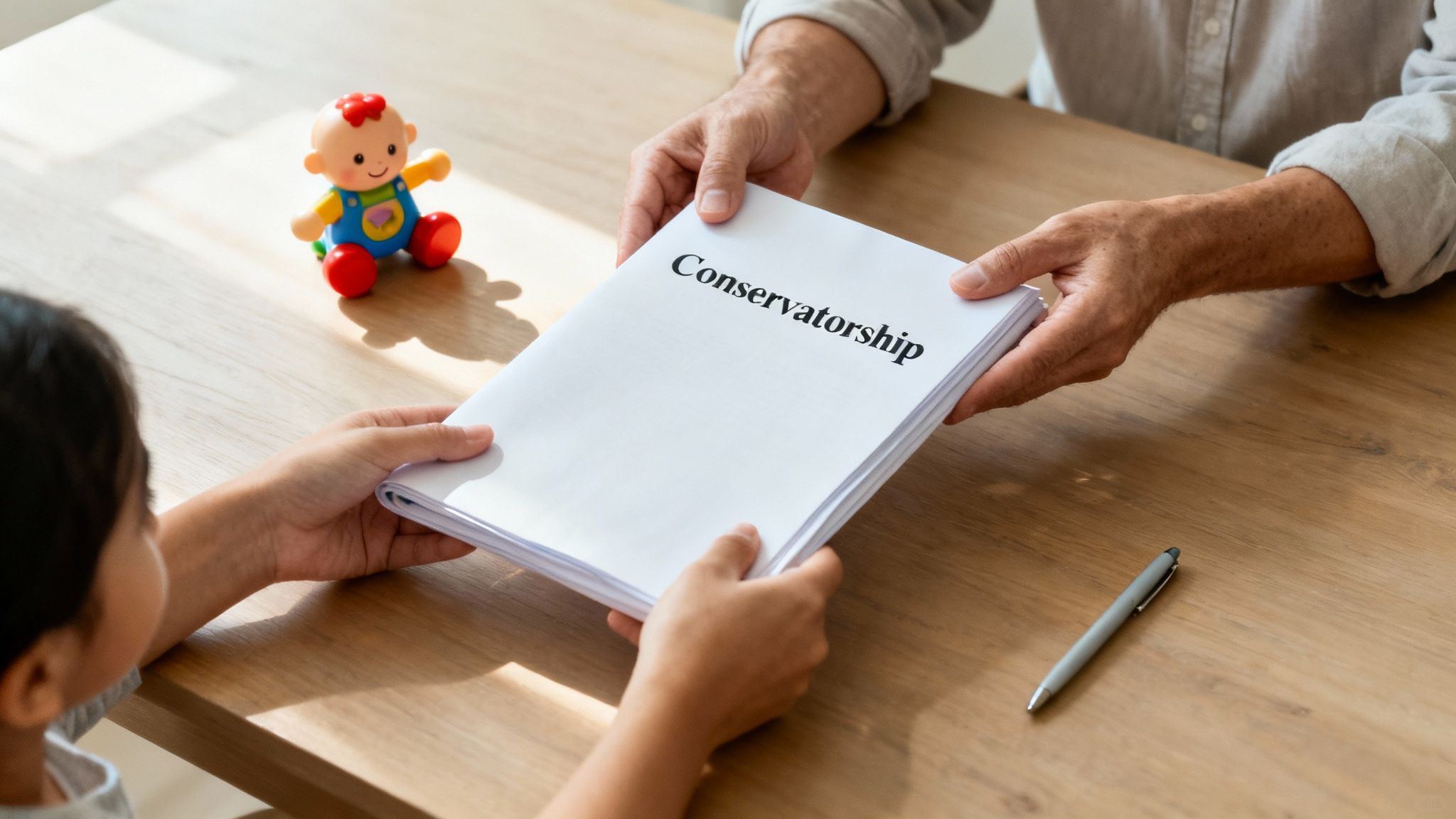 A parent and child looking at legal documents, symbolizing the process of understanding conservatorship.