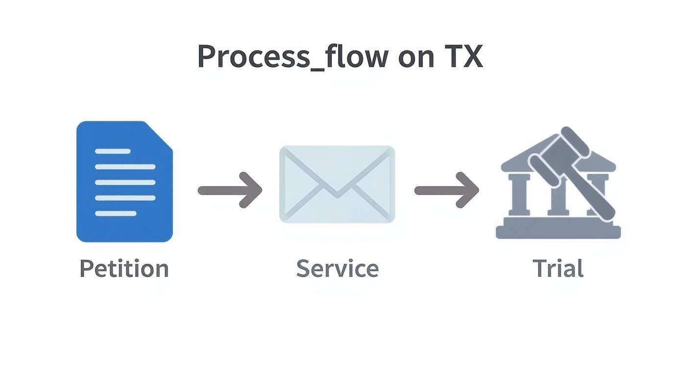 Flowchart showing the legal process in Texas: Petition, followed by Service, then Trial.